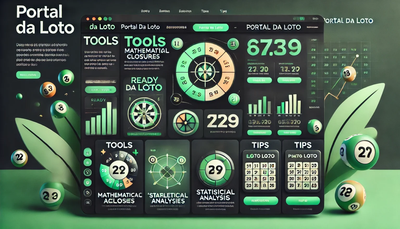 DALL·E 2024 10 19 14.40.03 A modern and professional online platform called Portal da Loto with a sleek interface in green and black as the predominant colors. The homepage ha